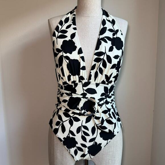 Kate Spade New York 'Geranium Grove' Belted Plunge Halter 1Pc Black White Floral - Picture 2 of 12